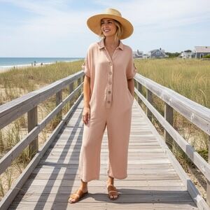 MABLE Cotton Gauze Button Wide Leg Jumpsuit M/L Tan Coastal Beach Boho Minimal